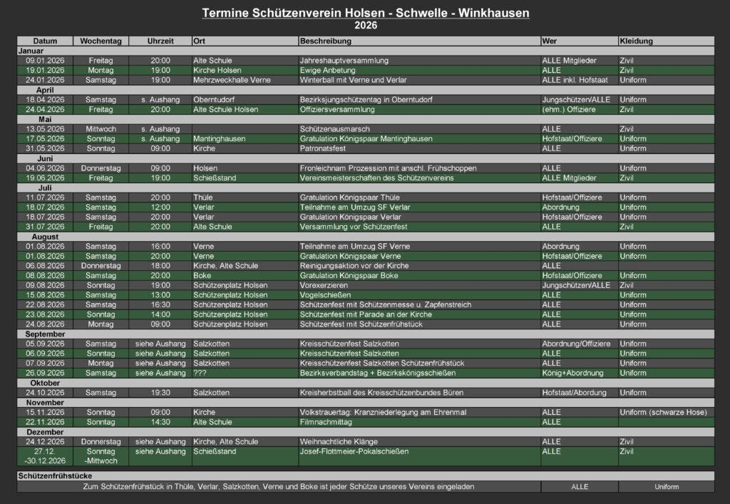 Termine 2026 Schützenverein HSW