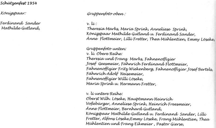 Königspaar, Hofstaat & Vorstand 1954 - Beschriftung