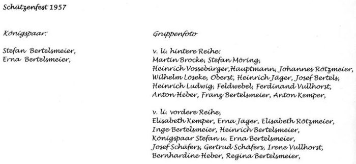 Königspaar, Hofstaat & Vorstand 1957 - Beschriftung