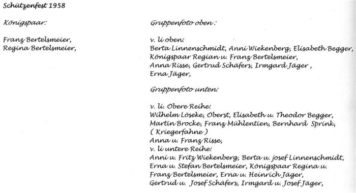 Königspaar, Hofstaat & Vorstand 1958 - Beschriftung