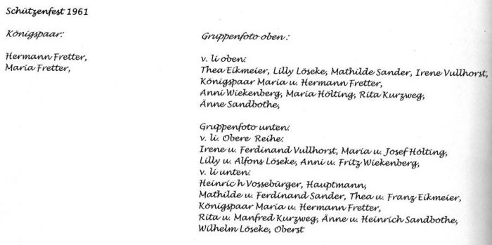 Königspaar, Hofstaat & Vorstand 1961 - Beschriftung