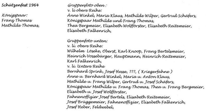 Königspaar, Hofstaat & Vorstand 1964 - Beschriftung