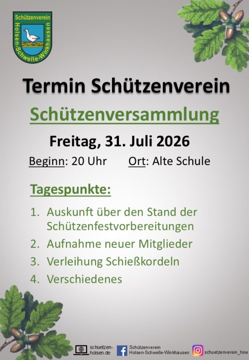 Einladung und Tagesordnungspunkte zur Schützenversammlung vor dem Schützenfest 2026
