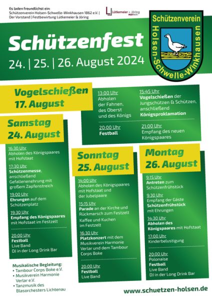 Plakat zum Schützenfest 2024 vom Schützenverein Holsen-Schwelle-Winkhausen