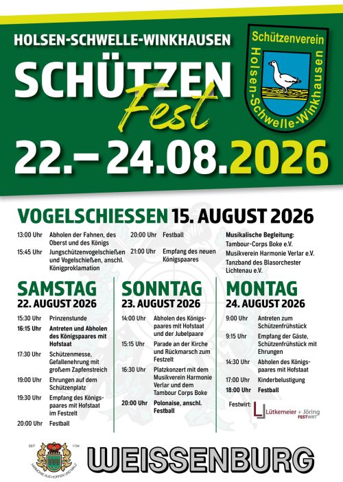 Festprogramm für das Schützenfest 2026 des Schützenvereins Holsen-Schwelle-Winkhausen